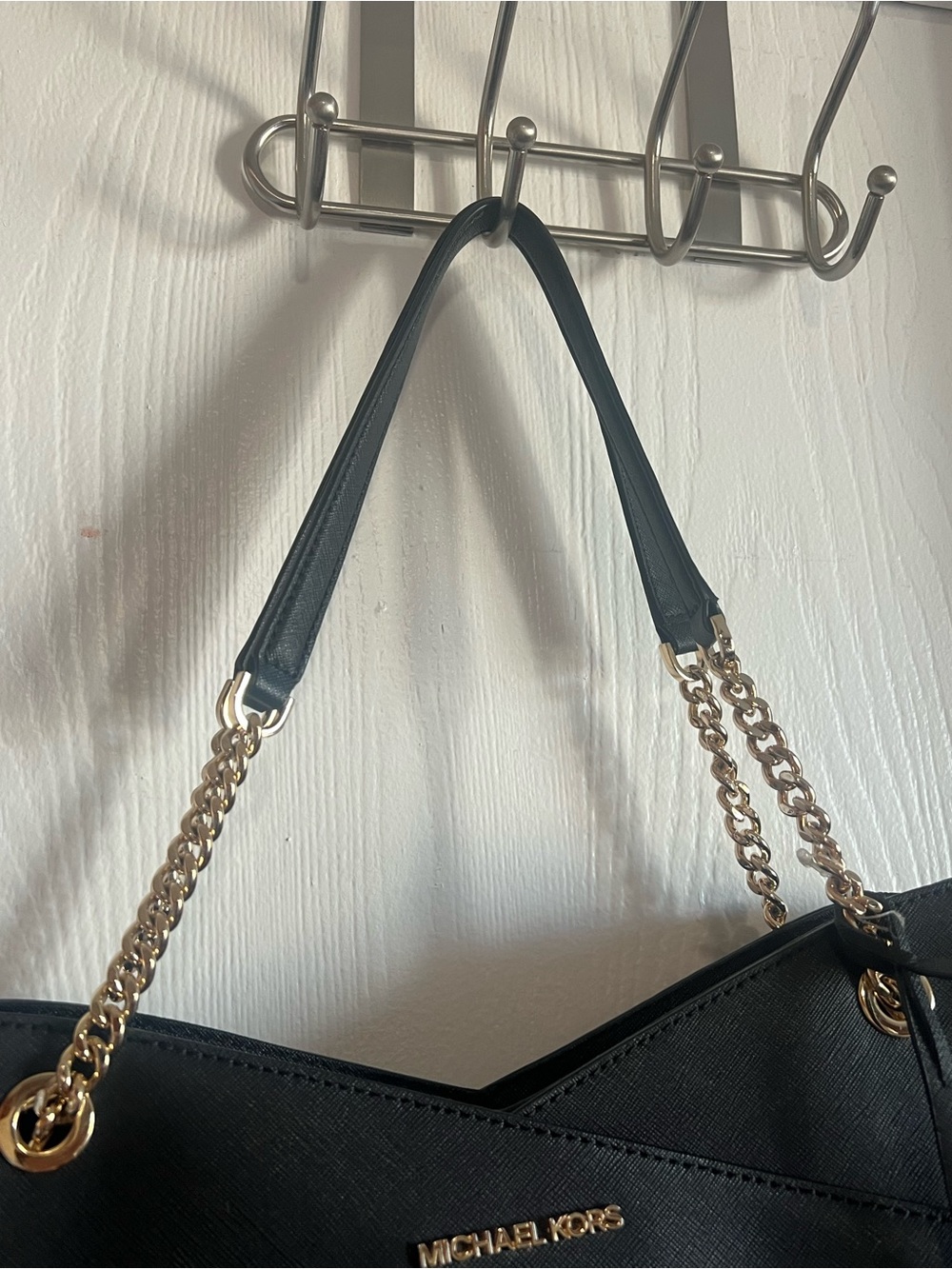 Michael Kors Jet Set Travel Large Chain Shoulder Tote Bag MK Black Leather Gold - Picture 4 of 12